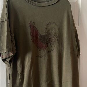 Free People Olive Green Rooster Graphic Short Sleeve Tee